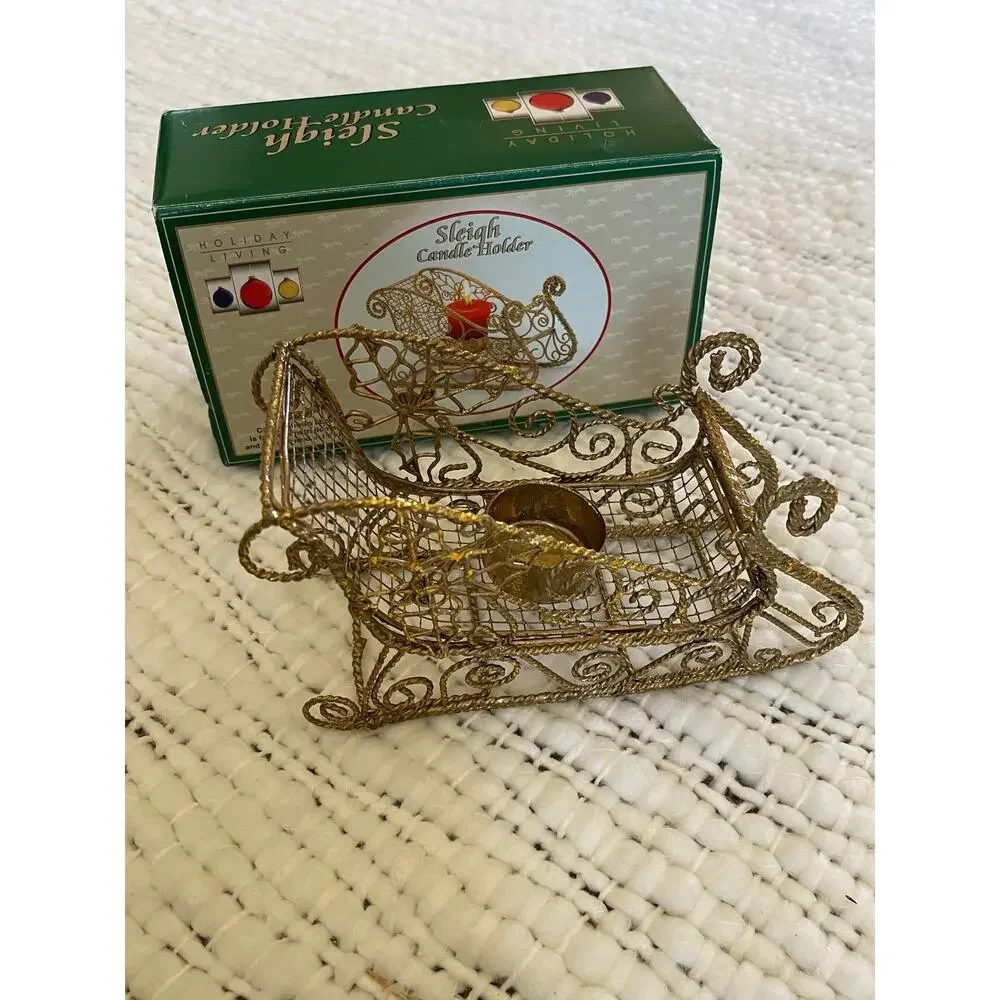 Christmas  Sleight Golden Wire Candle Holder New